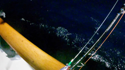 Night jigging rod and leader over the rail on a 3-day San Diego tuna trip, May 2026