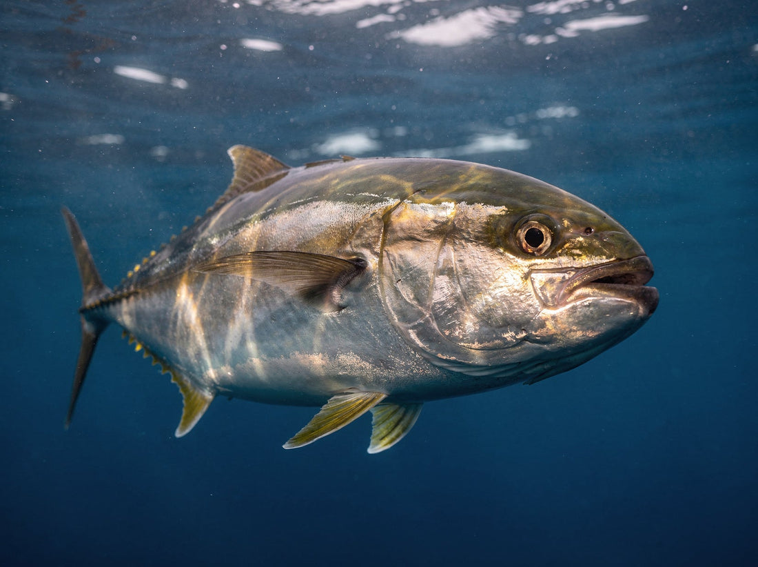 California yellowtail (Seriola lalandi) swimming underwater in clear blue water, silver-bronze body with yellow fin accents