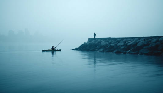 Kayak angler fishing near a rocky breakwater in San Francisco Bay at dawn, moody fog, cool blue and green tones