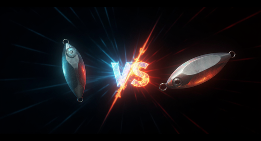 Street-Fighter-style VS battle graphic: the Hao2Fish Tungsten Tiger tungsten jig facing off against the Hao2Fish Torpedo lead jig, illustrating the tungsten-vs-lead choice this article covers.