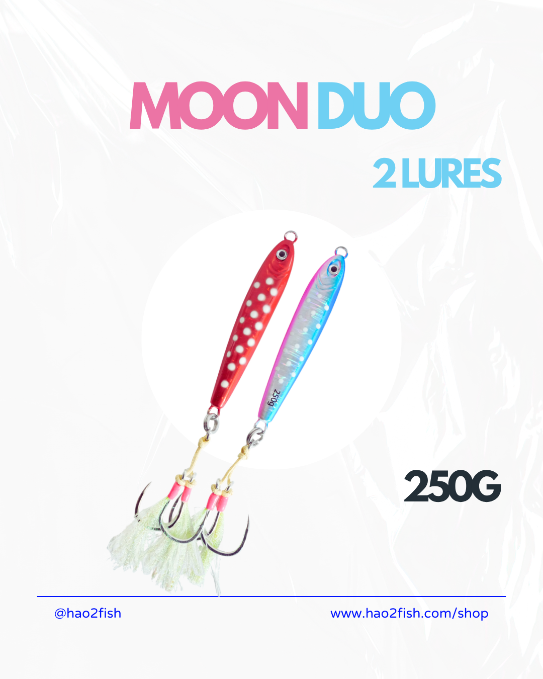 Two colorful fishing lures with 'MOON DUO' branding on a white background.
