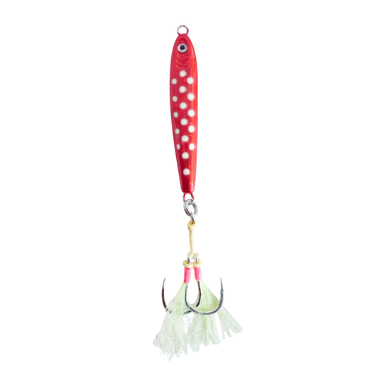 Moon Drop Tungsten Jig Red Glow Dots 250g for tuna fishing and yellowtail fishing.