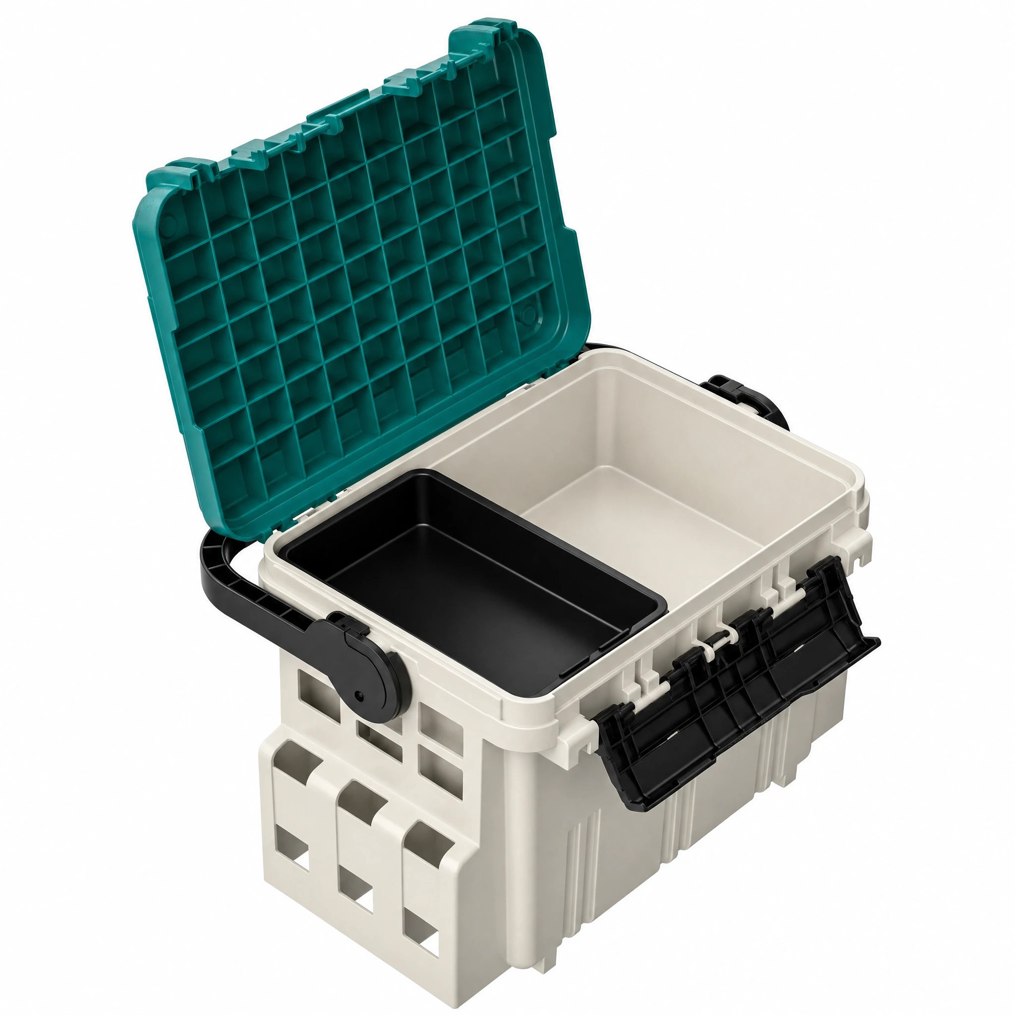Open Hao2Fish 30QT Tackle Box showing the waffle-grid lid interior and its black lift-out tray