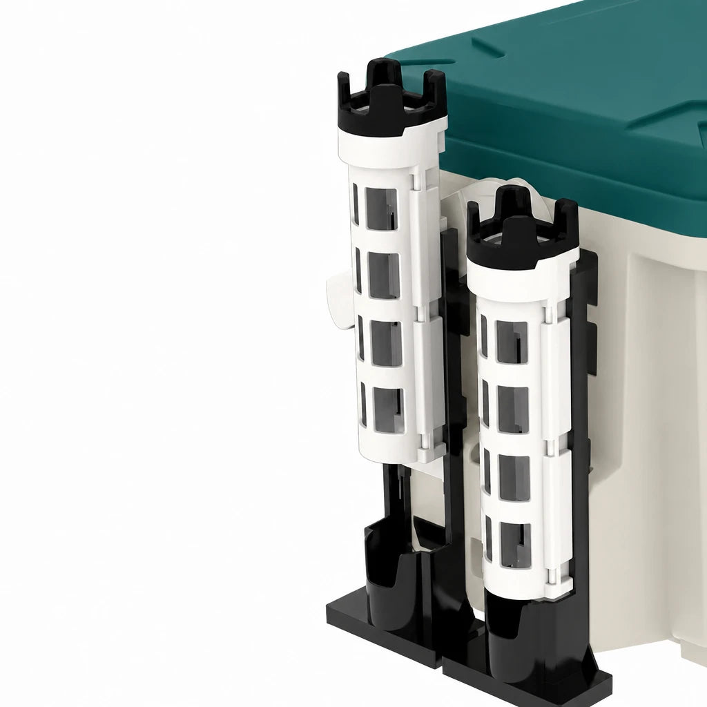 Two clip-on rod holder tubes mounted on the side rail of the Hao2Fish 30QT Tackle Box